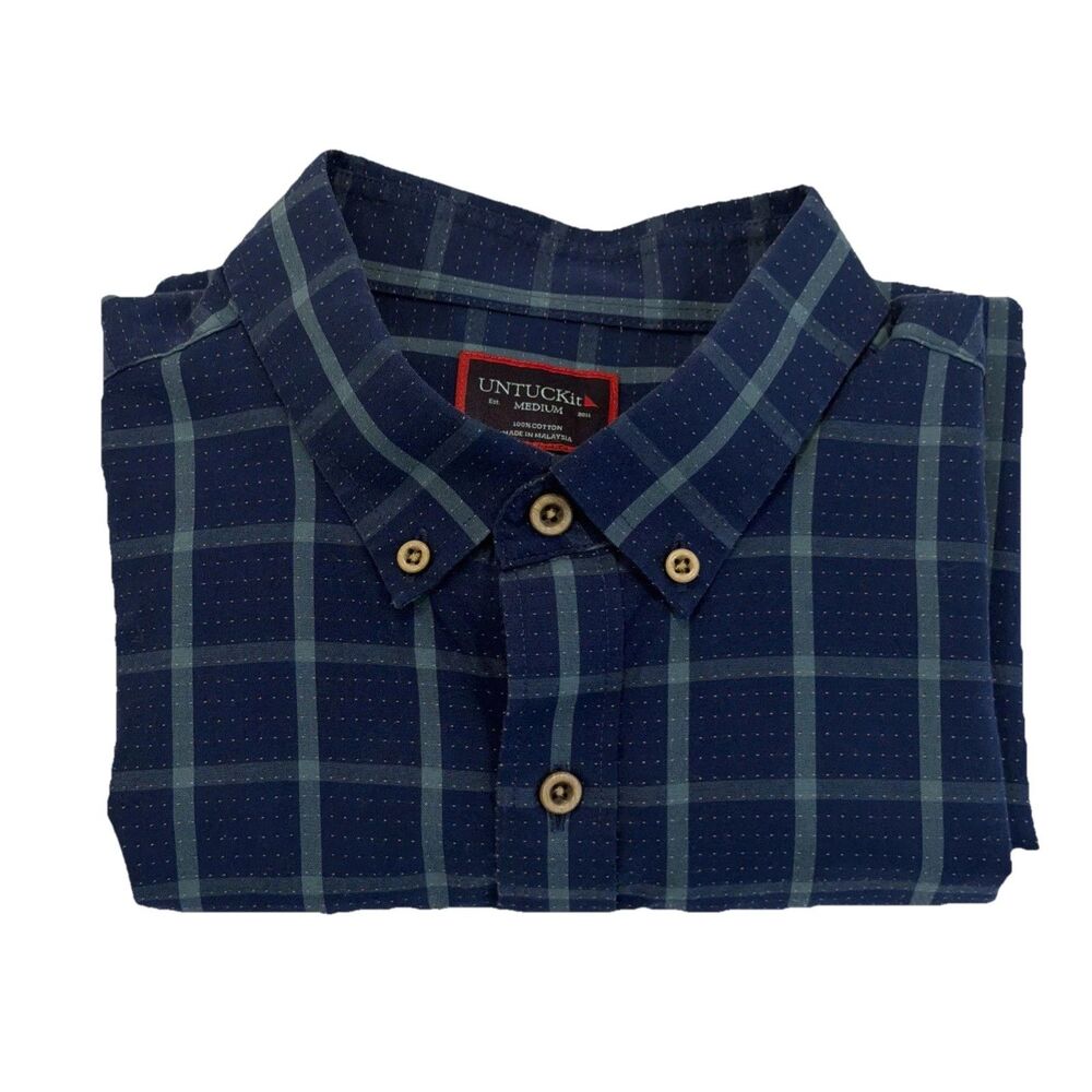UNTUCKit Mens Medium Dress Shirt Corison Blue Plaid Graph Paper Preppy Sharp EUC